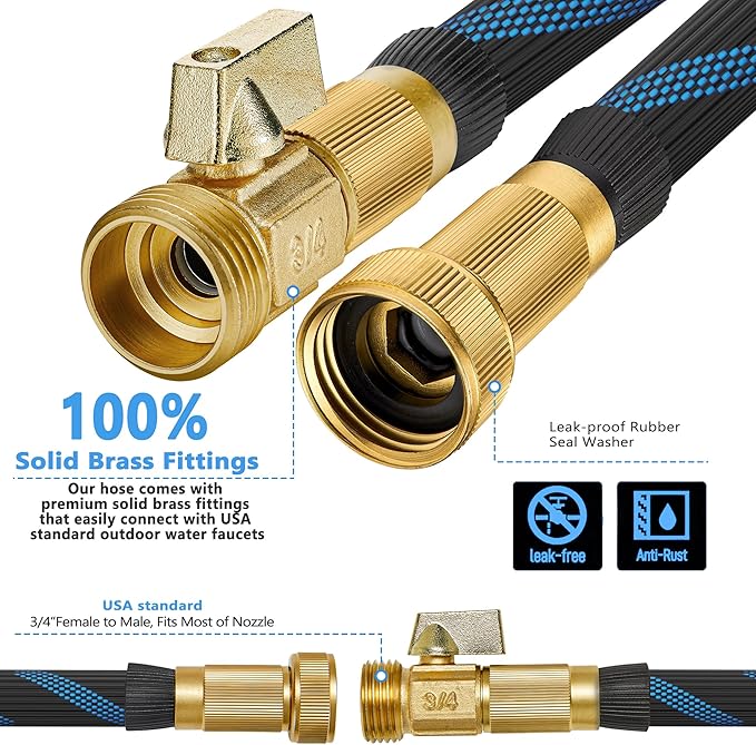 200ft Garden Hose - Water Hoses w/10 Function Spray Nozzle, 2025 New Superior Strength Flexible Hose, 3/4" Brass Connectors- Leakproof Lightweight Water Pipe for Gardening(Blue Black)