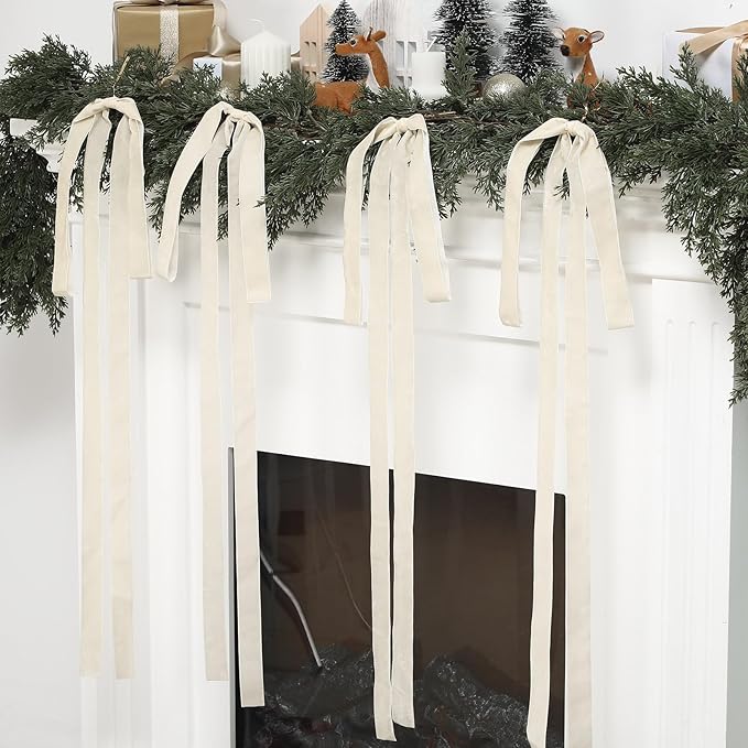 Janinka 6 Pcs Beige Velvet Christmas Swag Bow 31.5 x 23.6 inch Large Neutral Cream Christmas Ornament Vintage Rustic Velvet Staircase Wreath Bows Xmas Tree Topper Bows Large Bow for Outdoor