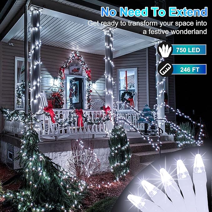 750 LED Christmas Lights - Outdoor Use, 246ft with 8 Modes, IP44 Waterproof for Xmas Patio, Yard, Fence, Deck, Balcony, Garden Decor - Cool White