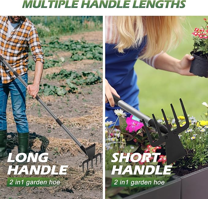 Walensee Hoe Garden Tool, 63 Inch Garden Hoe with Adjustable Long Handle for Weeding, 5-Tines Hoe Cultivator 2 in 1 Hand Weeder Tools for Yard Lawn Planting Gardening Digging