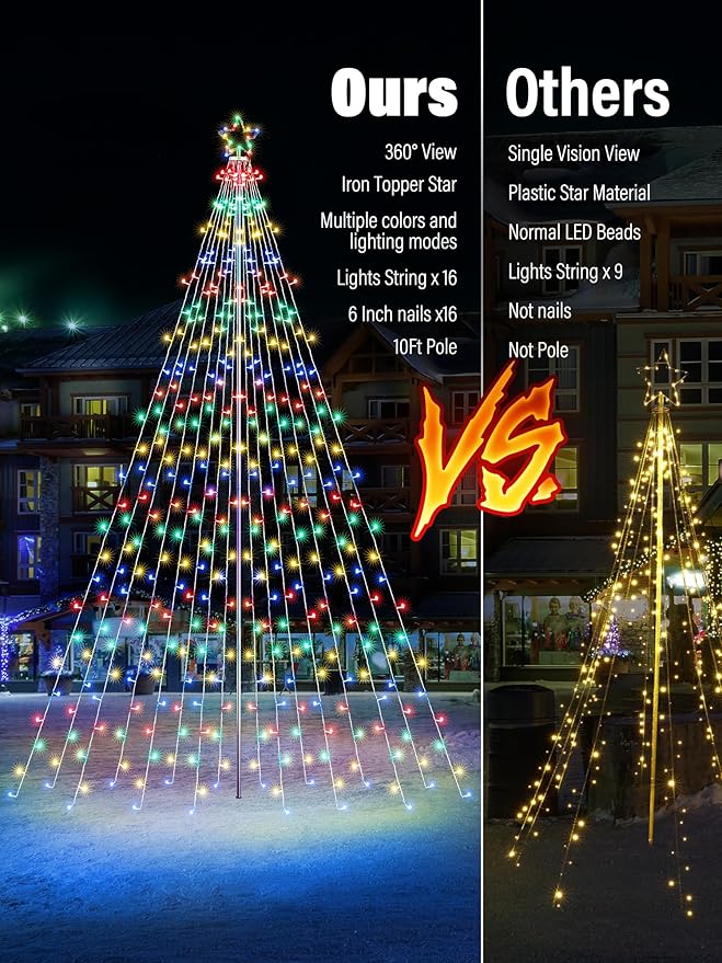Lomotech Color Changing Christmas Tree Lights - 16Ft 664 LED with 10.5" Topper, Remote Controll Waterproof Iron Pole Waterfall Lights for Outdoor Christmas Decorations (Warm White to Multicolor)