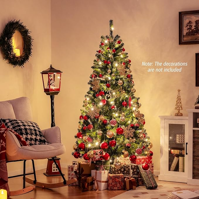 GOFLAME 6FT Prelit Artificial Christmas Tree, Hinged Xmas Tree with 568 Branch Tips, 200 Warm White LED Lights, 8 Lighting Modes, Holiday Decoration Tree for Home Office Party