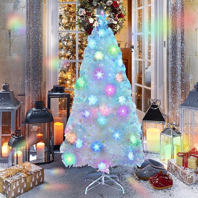 Juegoal 5ft Pre-Lit Artificial Christmas Tree, Lighted Optical Fiber Xmas Trees with Color Changing LED Lights, Snowflakes & Top Star, Party Home Holiday Fake Multicolored Tree with Metal Legs, White