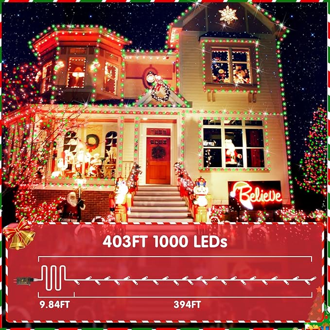 XURISEN 403FT 1000 LED Christmas Lights Outdoor Green Wire String Lights 8 Modes with Timer Memory Waterproof Fairy Light Plug in for Xmas Tree Wedding Yard Party Holiday Decorations(Red+Green)