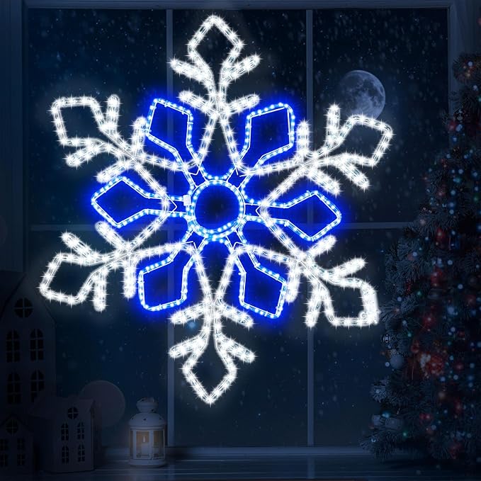 36 Inch Christmas Snowflake Lights Outdoor Decor, Waterproof Blue & White LED Large Light Up Christmas Snowflake Hanging Decorations for Yard Porch Window Holiday Party Winter