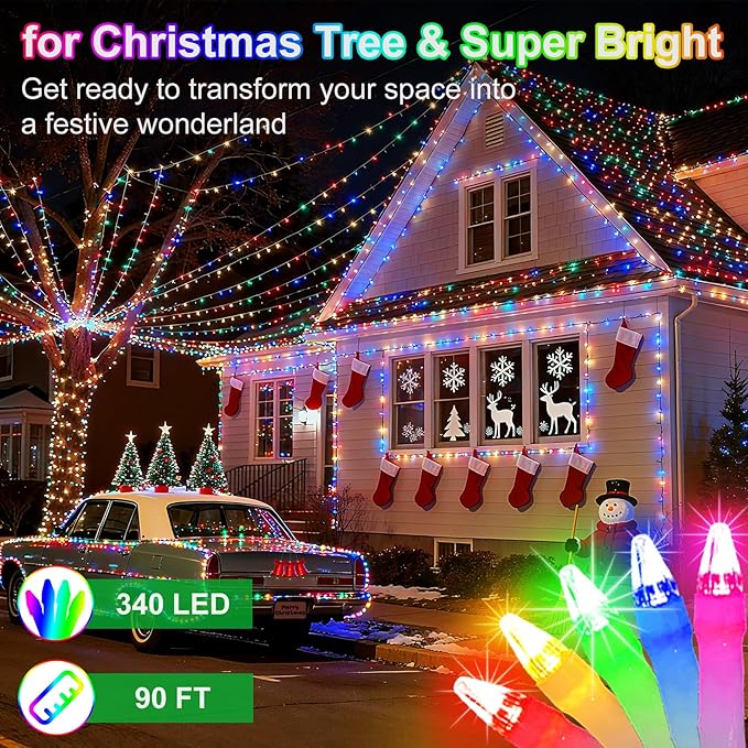 340 LED 90FT Christmas String Lights Outdoor, 12 Pro Modes and Timer Memory & Brightness, Plug in Outdoor Waterproof Clear Wire Twinkle Light for for Xmas Yard Tree Wedding Party Decor (Multicolor)
