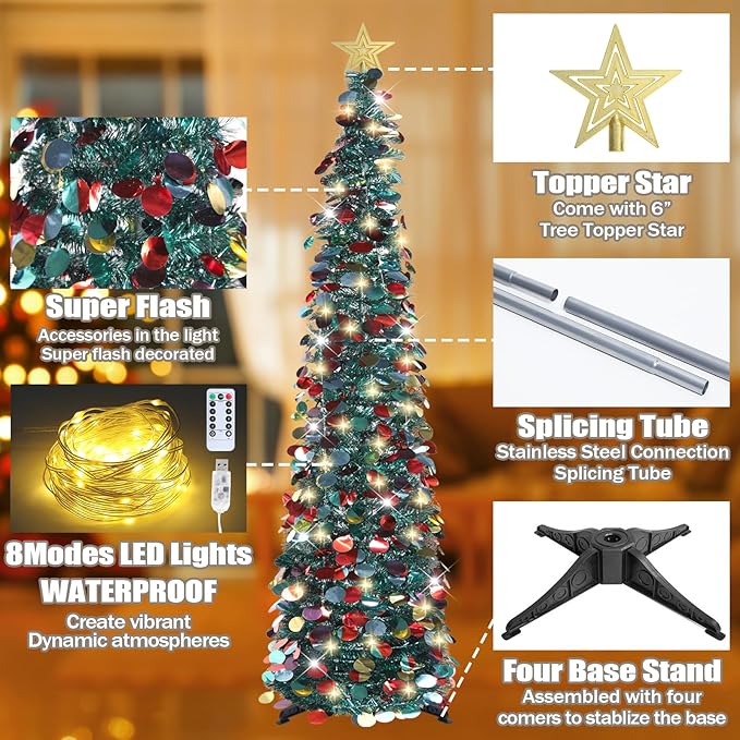 HMASYO 6 FT Pop Up Christmas Tree with 100 LED Lights & Remote, Green Christmas Tinsel Tree, Collapsible Artificial Pencil Tree for Home Office Party Decor, USB Powered Timer Lights, Easy Assembly