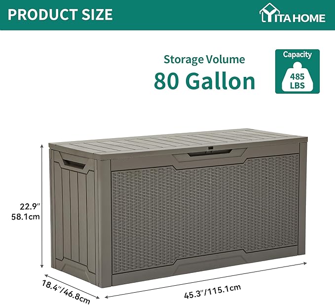 YITAHOME 80 Gallon Outdoor Storage Box, Large Water Resistant Resin Deck Box, Indoor Outdoor Lockable Rattan Storage Container for Patio, Garden, Cushions, Tools, Equipment (Taupe)