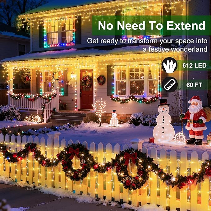 612 LED Christmas Lights with 136 Drops, 60ft 12 Modes Hanging ice String Lights with Timer & Dimmable & Waterproof, Plug-in Fairy Lights for Tree Holiday Wedding Party Christmas Decor Warm White
