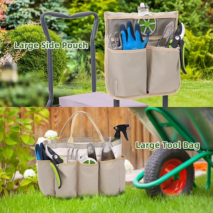 Ohuhu Upgraded Garden Kneeler and Seat 2-in-1 Foldable Gardening Stool with Detachable Soft Kneeling Pad, Garden Bench Heavy Duty with Large Tools Bag and Pouch, Gifts for Women Men Seniors Gardener