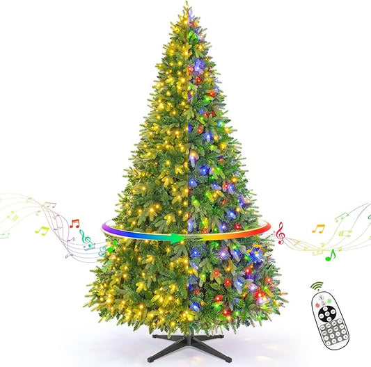 7.5ft Prelit Rotating Artificial Christmas Tree with Remote Timer & Dimmer, 470 Multi-Color LED Lights 1470 PE & PVC Branches for Holiday Decor