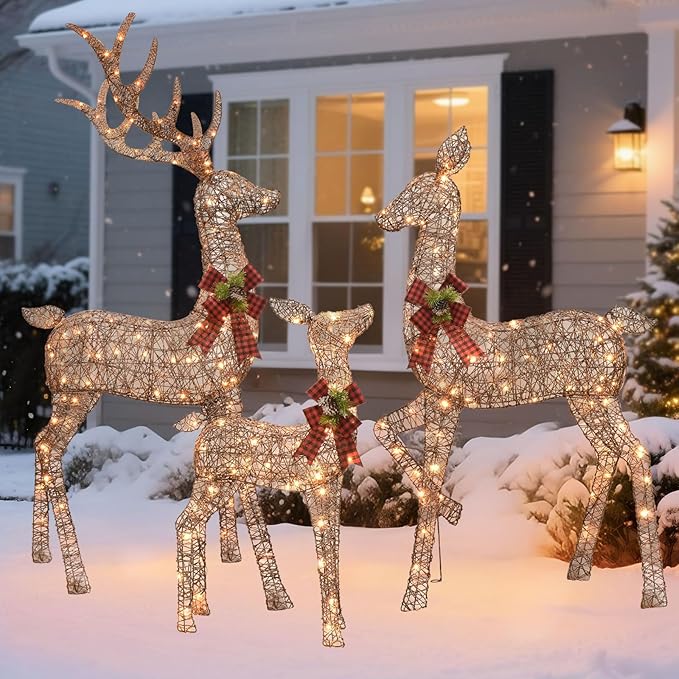 HOYECHI 6.5 FT Oversized Christmas Decorations Outdoor Lighted Reindeer – 3-Piece 3D Deer Family Set with 340 Warm White LED Lights for Yard, Lawn, Garden & Porch Holiday Display - Rattan