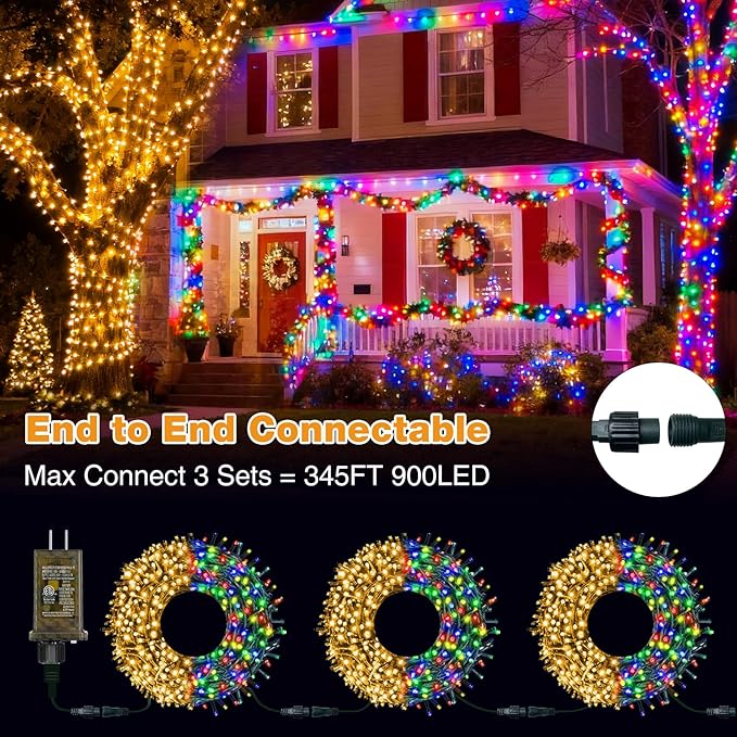 btfarm Color Changing Christmas Lights Outdoor, 115FT 300 LED Christmas Tree Lights Indoor with Remote, Timer Twinkle String Light Waterproof for Xmas Wedding Party Decor, Warm White & Multicolor