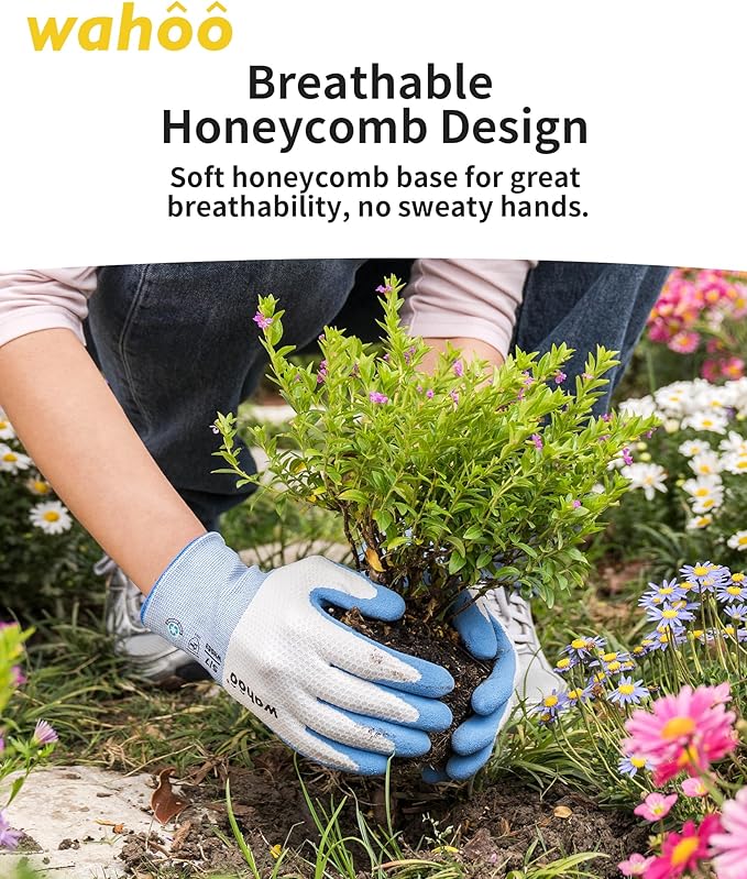 wahoo Gardening Gloves for Women, Garden Gloves with Latex Palm Coated, Breathable B.COMB AIR Technique, Pureed Pumpkin & Azure Blue, Large, 2 Pairs