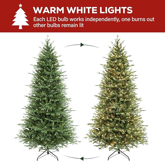 Hykolity 7.5 ft Prelit Artificial Christmas Tree, 2933 PE&PVC Branch Tips, 450 Warm White LED Lights, Metal Stand and Hinged Branches