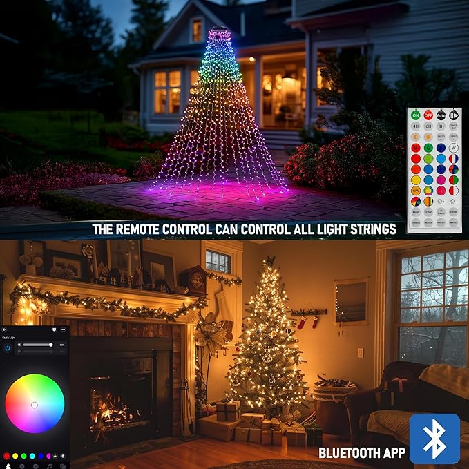 Dazzle Bright Smart Christmas Tree Lights, 448 LED Color Changing Waterfall Tree Topper Lights with Remote & APP, 8.2FT X 16 Lines RGB Christmas Light for Indoor Outdoor Party Xmas Decoration
