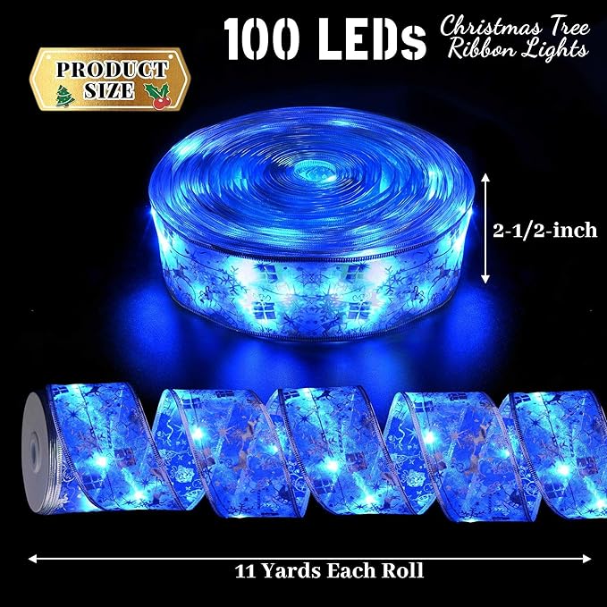 Christmas Decorations, 2.5Inch x 33Ft 100 Led Christmas Tree Ribbon Lights with Remote Control, Battery Operated & USB Powered 8 Lighting Modes Fairy String Lights with Timer for Xmas Decor