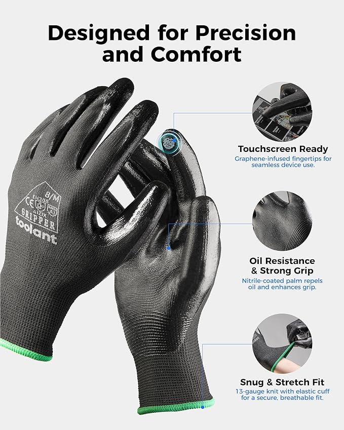 toolant Nitrile Coating Work Gloves for Men, Superior Oil Resistance, Safety Work Gloves with Grip, Touch Screen