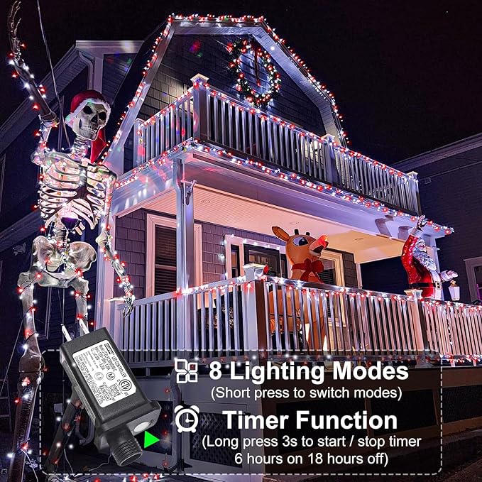 Christmas Lights Outdoor, 66FT 200 LED Christmas String Lights with 8 Modes Waterproof, Connectable Green Wire Twinkle Light for Indoor Patio Garden Xmas Party Holiday Decorations, Red White