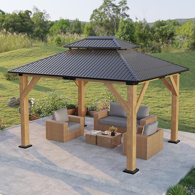 10x12 FT Wood Gazebo, Outdoor Hardtop Gazebo with Aluminum Double Roof, Outdoor Wooden Pavilion for Parties, Backyard, Patio, Lawns, Black + Natural Wood