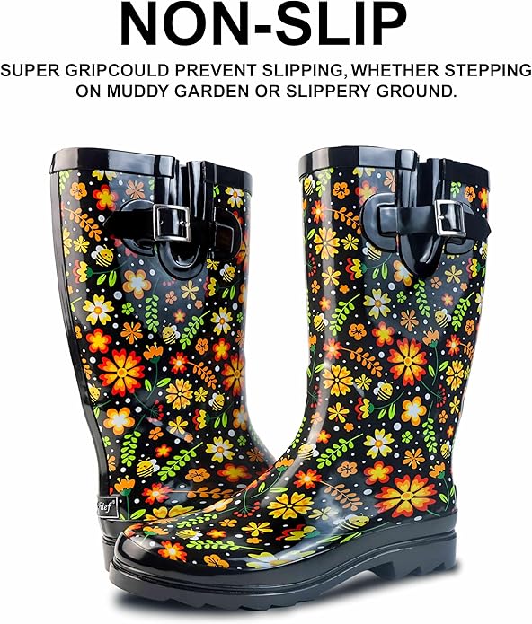 landchief Rain Boots for Women, Waterproof Ladies Tall Knee High Rubber boots,Comfort Garden Boots Anti-Slip Mid Heel Women Rain Shoes Outdoor