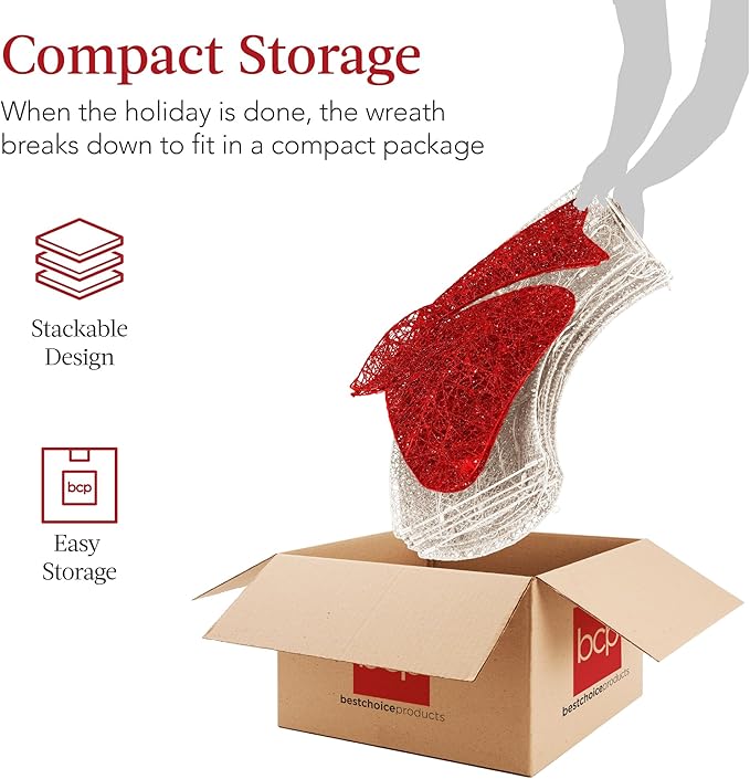 Best Choice Products 60in Pre-Lit Outdoor Christmas Wreath Decoration, LED Metal Holiday Decor for Home Exterior, Garden w/ 206 Lights, Bow - White/Red