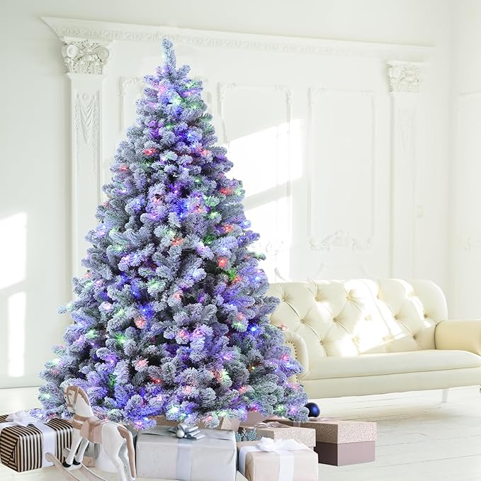 Flocked Christmas Tree, 6 ft Prelit Christmas Tree with Lights, 10 Functions, 250 Lights, Spruce Artificial Christmas Tree Prelit with Realistic Tips & Sturdy Metal Base Easy Assembly