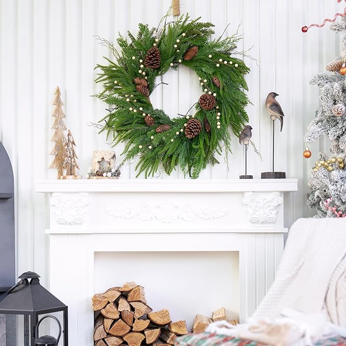 Prelit Christmas Wreaths for Front Door 24 Inch- Real Touch Norfolk Pine Wreath with Lights,Green Evergreen Outdoor Xmas Wreath with Natural Pine Cones and Berries for Farmhouse Home Decor