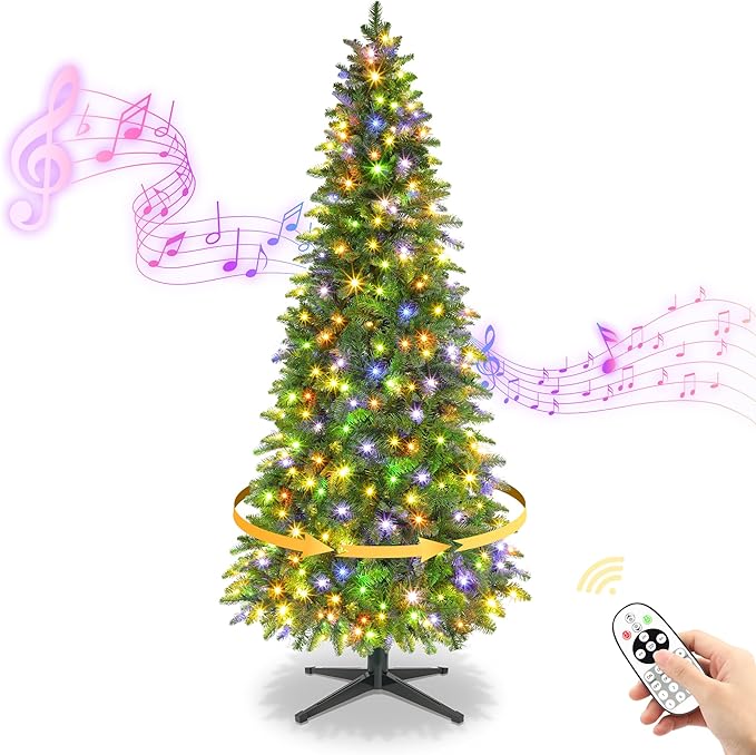 Pencil Christmas Tree with Rotating Metal Stand, Green Slim Pre-Lit Artificial Tree 6.5FT with Music Function, 290 Warm & Multi-Color LED Lights with 8 Lighting Modes