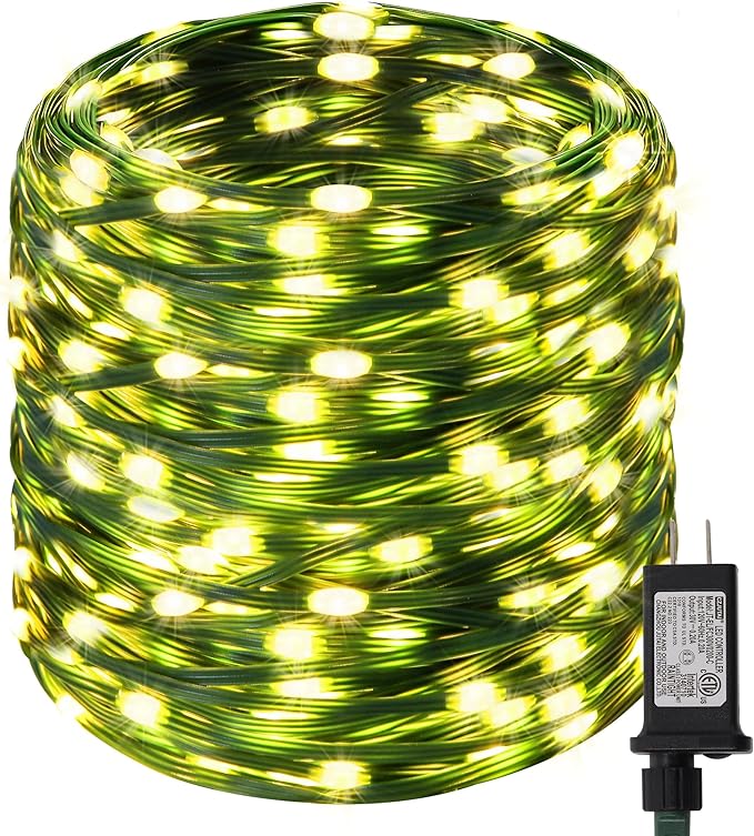 LJLNION 1000 LED Fairy String Lights, 328FT Long Outdoor Christmas Lights, Waterproof IP65 Green PVC Copper Wire Lights, 8 Lighting Modes Plug in for Xmas Tree Holiday Party Wedding Decor, Warm White