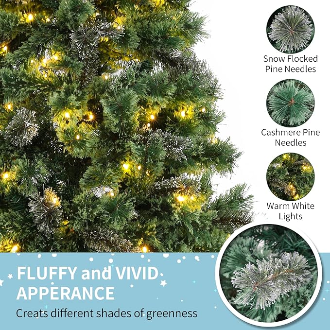 Arlopu 8.1ft Pre-lit Artificial Cashmere Christmas Tree, Snow Flocked Prelighted Pine Needle Xmas Tree, W/450 Warm White Lights, Tips, Foldable Metal Base for Home Store Party Holiday Decoration