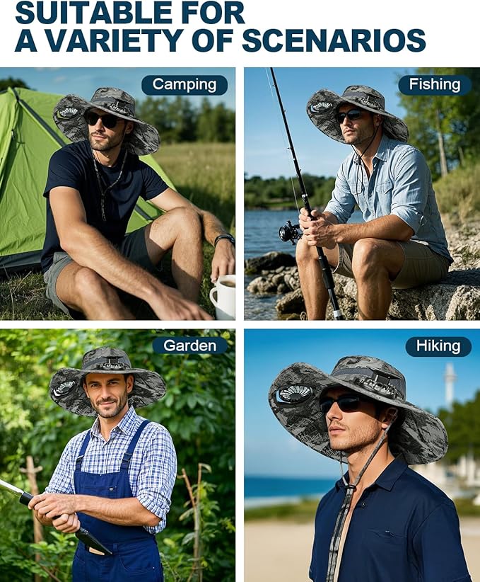 Wide Brim Sun Hat with 2 Solar Fan, Sun Bucket Hat for Men Women, UPF 50+ Bucket Fishing & Beach Hat with Fan