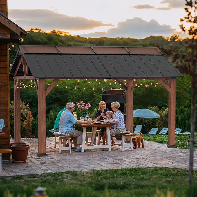 Macrout 13'x15' Hardtop Gazebo with Gabel Roof Canopy and Aluminium Frame, Outdoor Grill Gazebo Pergola for Patio, Backyard and Party, 4967 (Gable Roof + Brown Frame, 13'x15')