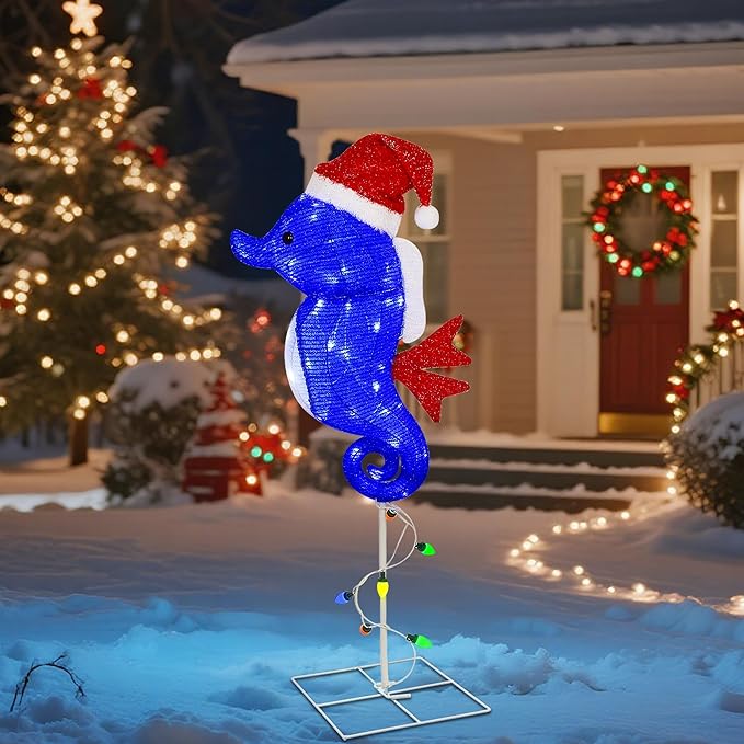 Prsildan Outdoor Christmas Decorations – 40 Inch Colorful LED Seahorse Yard Decor with Santa Hats, Lighted Holiday Lawn Stakes for Porch, Garden, Pathway, Seahorse Figures Xmas Decor (Blue)