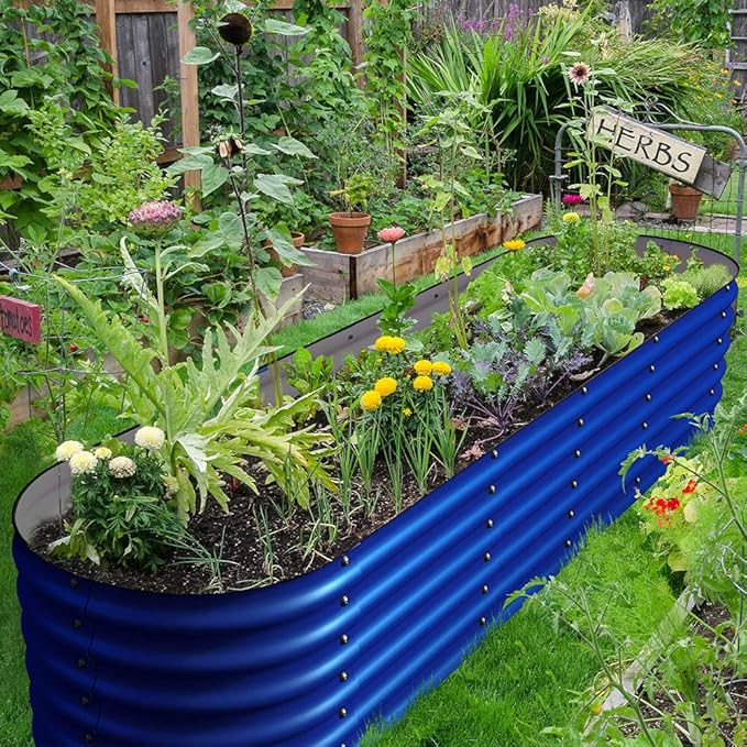 OLLE Galvanized Raised Garden Beds, 12-in-1 Metal Outdoor Plant Boxes for Vegetables, Cobalt Blue 17" Tall