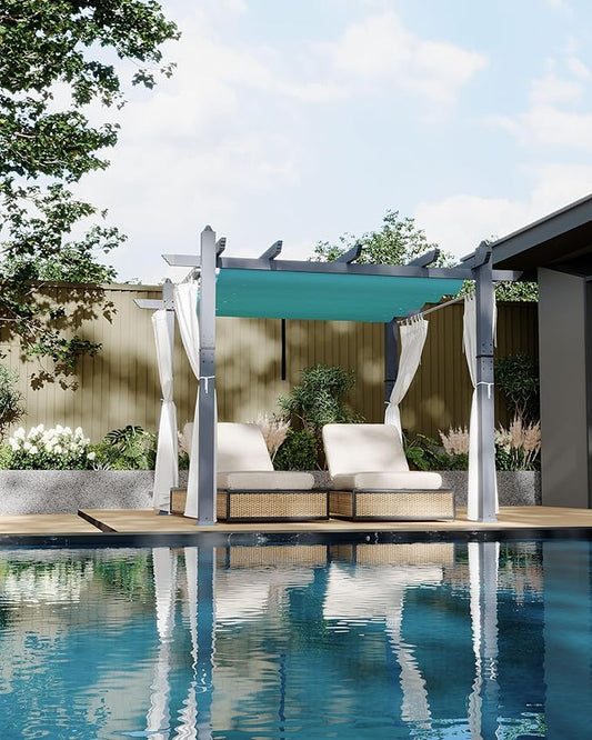 Garvee 10x10 Ft Outdoor Pergola with Retractable Canopy & Side Mesh Screen Gray Post Patio Gazebo for Garden Backyard Deck Lawns Porch(Blue+White)