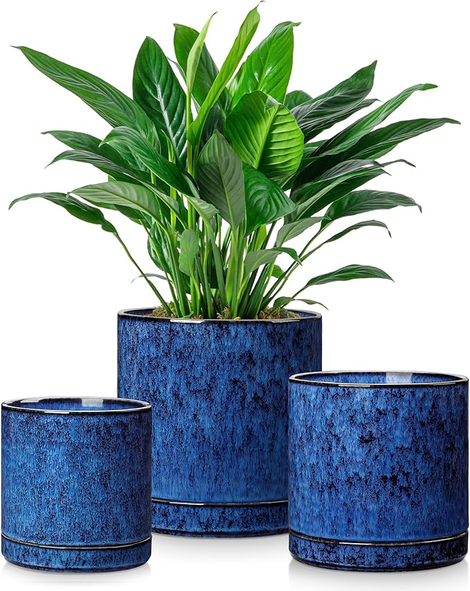vancasso Ceramic Plant Pots, 3 Piece Planters for Indoor Plants, 4.25+5.25+6.25 Inch Flower Pots with Drainage, Plant Pots Indoor for Succulent, Pothos, Snake Plant and Money Tree, Etc (Blue)