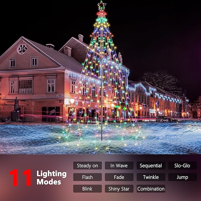 Lomotech Christmas Tree Lights - 10Ft 404 LED with 7.08" Topper, Remote Controll Waterproof Iron Pole Waterfall Lights for Outdoor Christmas Decorations (Multicolor)
