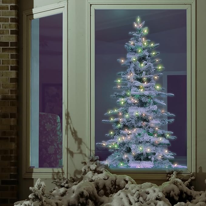 Fraser Hill Farm 9-Ft. Pine Valley Flocked Artificial Christmas Tree with Dual Multicolor & Warm White LED Lights, Prelit Foldable Fake Tree with Realistic Snowy Foliage for Home Decoration