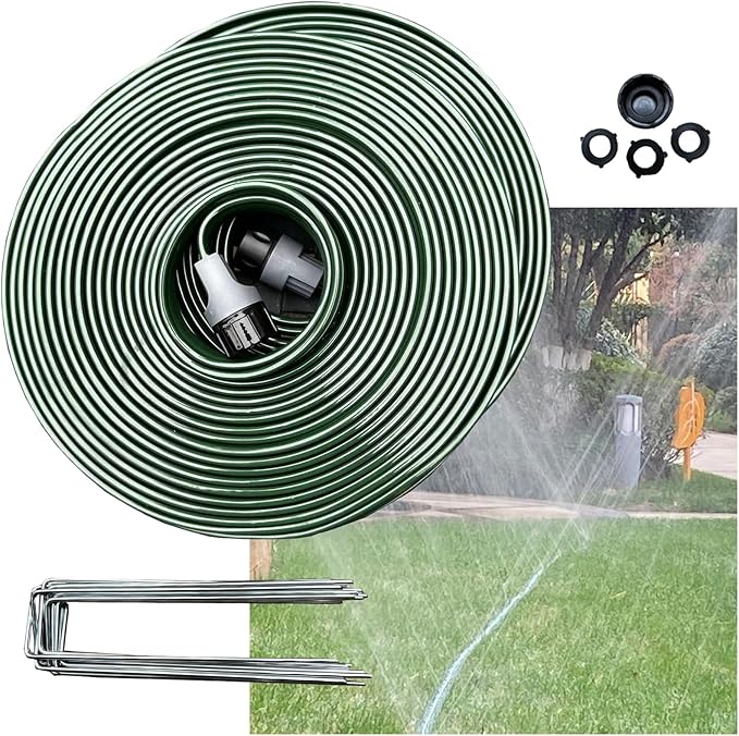 Watoo 2025 Sprinkler Hose & Soaker Hose for Yard - 75 FT Reinforced Flat Garden Hose with Holes, Heavy Duty No-Kink Lawn Irrigation Hose (Includes Stakes, High Pressure Spray)