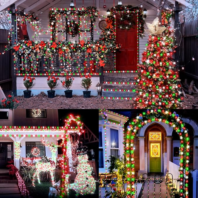 XURISEN 551FT 1400 LED Christmas Lights Outdoor Green Wire String Lights 8 Modes with Timer Memory Waterproof Fairy Light Plug in for Xmas Tree Wedding Yard Party Holiday Decorations(Red+Green+White)