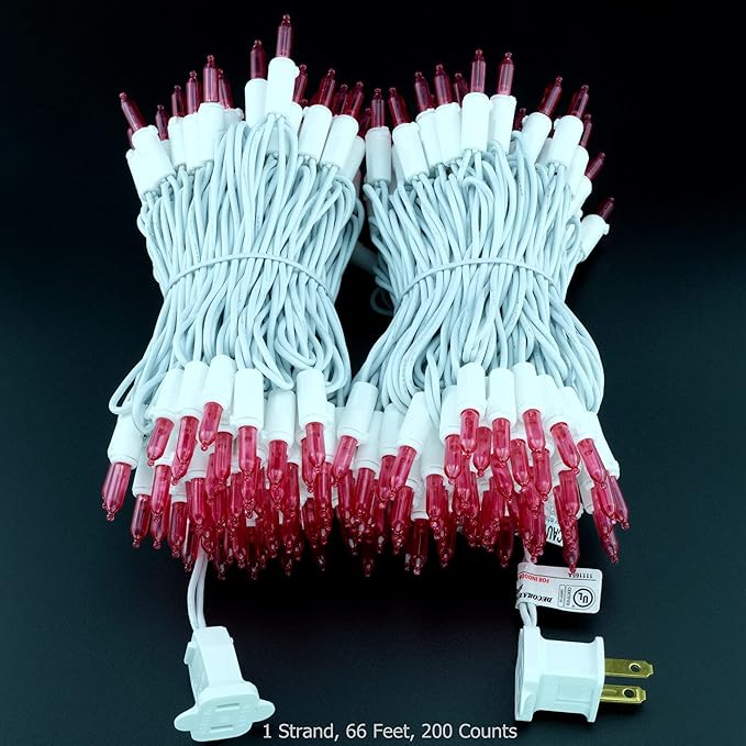 YULETIME 200 Pink LED Christmas Lights, 66 Feet White Wire UL Certified Commercial Grade Holiday String Light Set