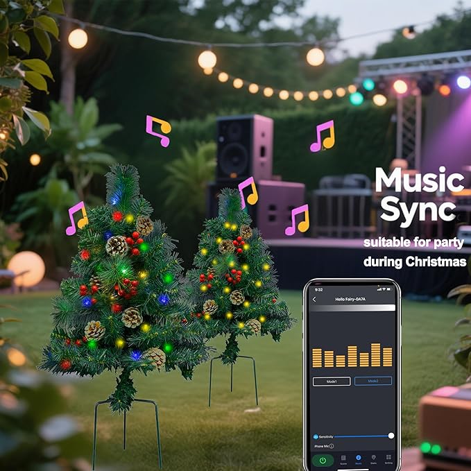 2pack 30Inch Outdoor Front Porch Lighted Christmas Trees, Multicolor/Warmwhite, Smart App&Remote, Timer, Music Sync, Pre-Lit Battery Operated Planter Urn Filler, Outside Xmas Yard Porch Decor