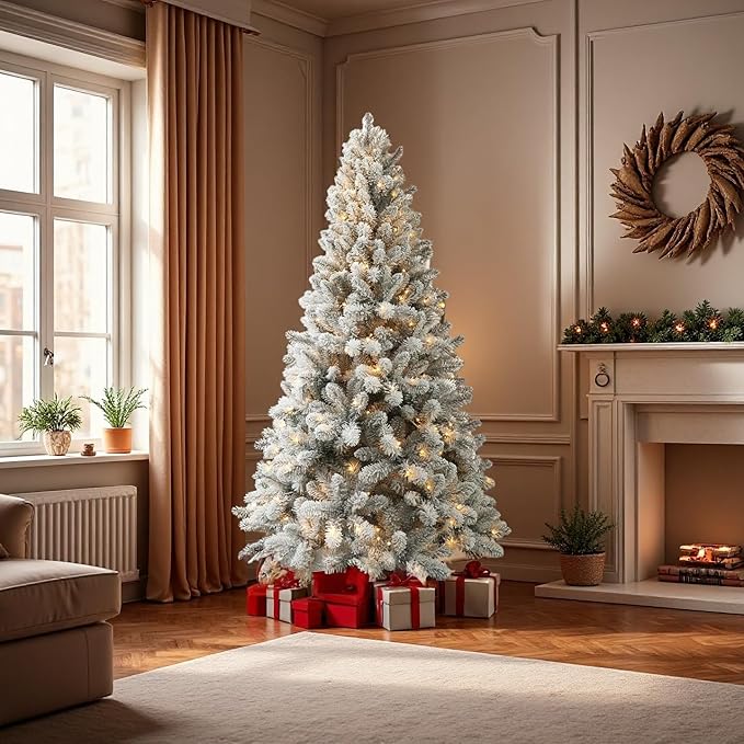 CHILLSUN Prelit Christmas Tree with Lights 6ft, Premium Snow Flocked Artificial Xmas Tree with 874 Branch Tips and 250 Warm Lightsm, Metal Reinforced Base Easy Assembly for Christmas Decorations,White