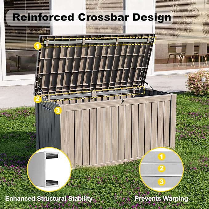 150 Gallon Waterproof Outdoor Storage Box, UV Resistant Resin Deck Box with Hydraulic Rod for Reinforced Stability, Perfect for Patio, Garden, and Pool, Striped Beige