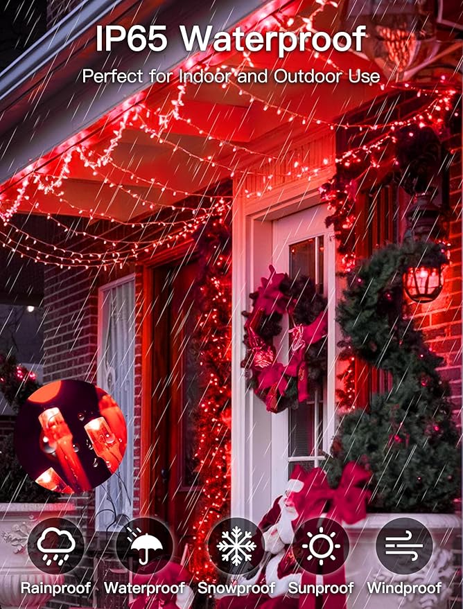 33FT 100 LEDs String Lights Waterproof Fairy Lights 8 Modes with Memory 30V UL Certified Power Supply for Home, Garden, Wedding, Party, Christmas Decoration Indoor Outdoor (Red)