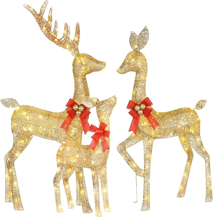 Lighted Christmas Decoration Deer 3 Piece, HOYECHI Light up Christmas Decor Reindeer Family Set for Indoor Outdoor Front Yard Porch with LED Lights, Plug, Ground Stakes - Gold