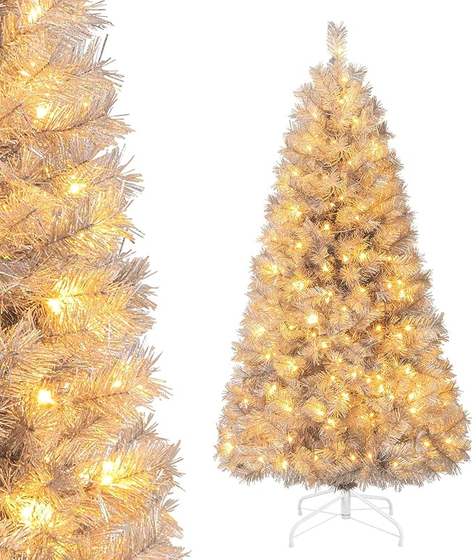 Goplus 5ft Pre-Lit Silver Tinsel Christmas Tree, Artificial Xmas Tree with 385 Branch Tips, 170 Warm White LED Lights, Upgraded Metal Stand, for Home Office Decor
