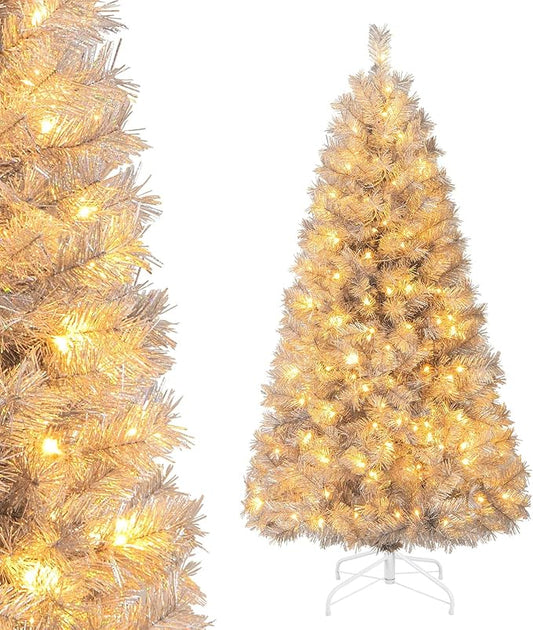 Goplus 5ft Pre-Lit Silver Tinsel Christmas Tree, Artificial Xmas Tree with 385 Branch Tips, 170 Warm White LED Lights, Upgraded Metal Stand, for Home Office Decor