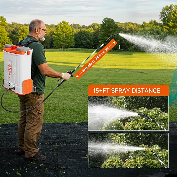 Battery Powered Backpack Sprayer 4.2Gallon, 45-90PSI Adjustable Pressure, 6 Hours Long Battery Life, Electric Backpack Garden Sprayer with 6 Spray Nozzles for Lawn, Garden, Yard